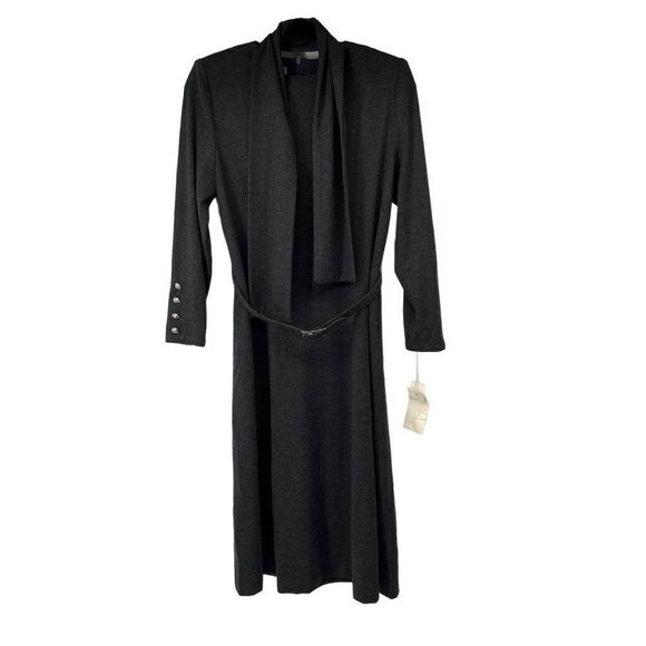 Henry Lee Petites Dark Gray Modest Long Sleeve Belted‎ Dress with Scarf - Picture 1 of 9
